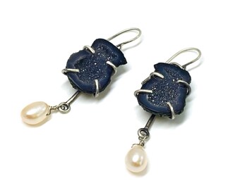 Sparkly baby geode druzy and pearl prong set drop earrings. All sterling silver. Handmade.