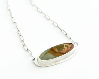 Royal jasper bezel set pendant necklace handcrafted with sterling silver.  Handmade for a lightweight, modern look.