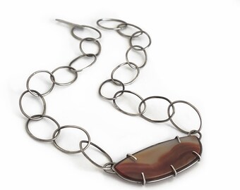 Handmade Agate Statement Necklace: Sterling Silver Link Chain, Artisan Jewelry
