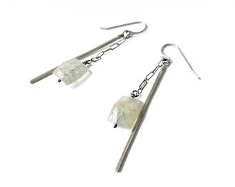 Faceted square quartz stones sterling silver dangle earrings. All handmade.