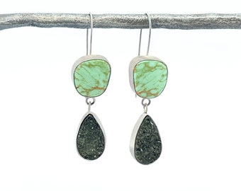 Turquoise and black druzy bezel set drop earrings. All sterling silver. Handmade.