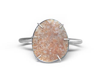 Sparkling Peach Druzy Cuff – Adjustable Sterling Silver Bracelet
