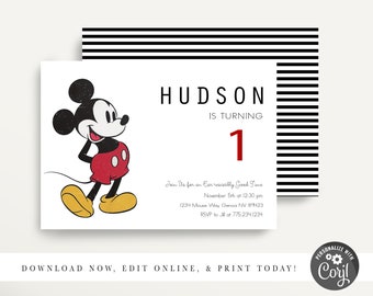 Invitación moderna de MICKEY MOUSE,Vingage Mickey Birthday,Mickey Mouse Clubhouse,Mickey Birthday Invitations,Mickey Mouse Party