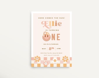 Retro Flower Invitation, Two Groovy Theme Invitation, Retro Birthday Invitation, Boho Girl Party