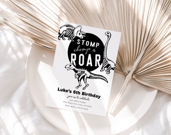 Dinosaur Birthday Invitation, Monochrome Birthday Invitation, Boy Black and White Party, Dino Party Invitation, Dinosaur Boy Party