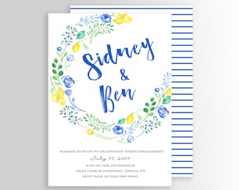 Modern Lemon Party Invitation, Lemon Bridal Invitation, Printable, Lemon, yellow and blue