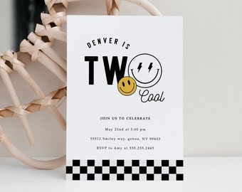 1st Birthday Invitation Template, One Invitation, First Birthday Invitation, Smiley Face, Rad Dude, Two Cool, Vertical