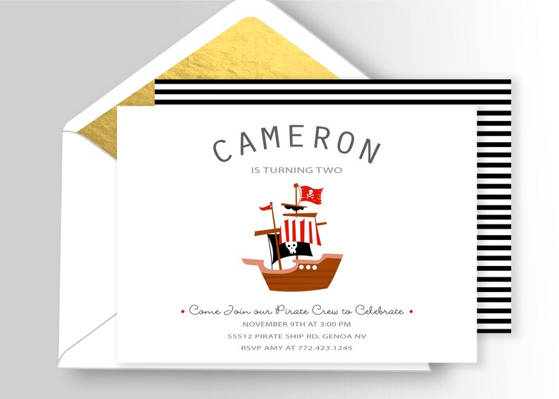 Modern Pirate Birthday Invitation DIY Printable or Printed Pirate Invitation Pirate invitation