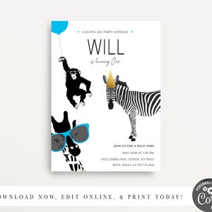 Modern Simple Party Animal Invitation, Wild Animal Party, Zoo Invitation, Safari Birthday, Corjl, petting zoo, Printable Invitation, Zebra