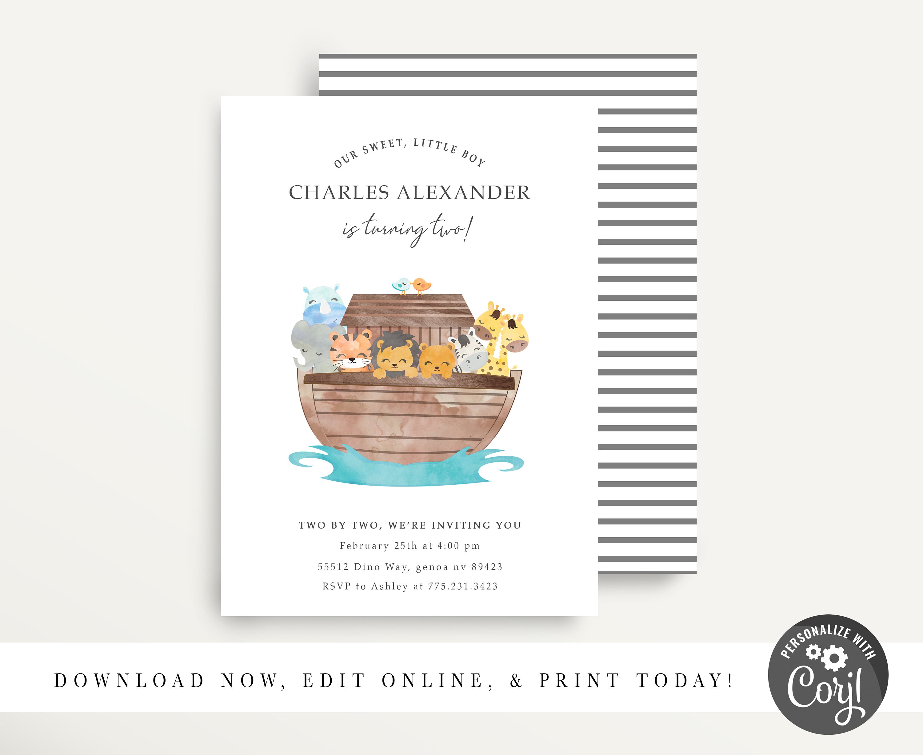 Noah's Ark Birthday Invitation - Ark Invitation - Ark 1st Birthday - 5x7, Simple Noah's Ark Invitation, Modern Noah's Ark