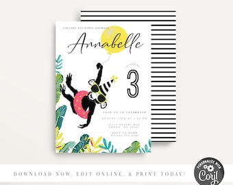 Modern Simple Party Animal Invitation, Wild Animal Party, Zoo Invitation, Safari Birthday, Petting Zoo, Printable Invitation, Corjl, Monkey
