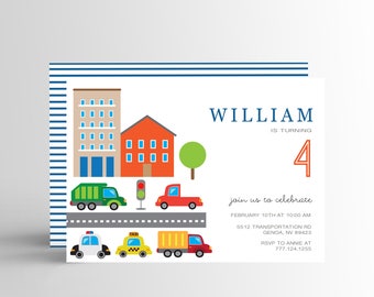 cars and trucks birthday invitation | modern | Simple  | traffic | road | car | bus | thank you note | vehicle | vroom vroom | automobile