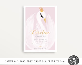 White Swan Birthday Invitation, Beautiful Swan Invitation, Modern Swan, Simple White Swan, White Swan Birthday Party, Corjl