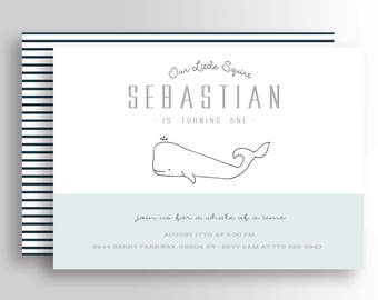 Modern Whale Birthday Invitation - Boy's Whale Invitation - Nautical Invitation - Navy and Gray Birthday Invite