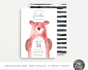 Modern Bear birthday invitation, bear invitation, bear birthday, Woodland animals invitation, birthday invite, camping party birthday, Corjl