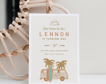 Surf Invitation, Boho Surf Birthday, Surfing Invitation, Surf's Up, Surfboard Invitation, Surfing Party, VW Bus, Retro, INSTANT DOWNLOAD