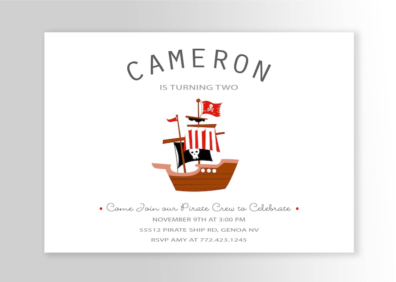 Modern Pirate Birthday Invitation DIY Printable or Printed Pirate Invitation Pirate invitation