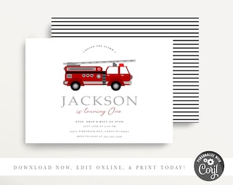 Modern Firefighter Invitation, Fire fighter Birthday Party, Fireman Invitation, Firetruck Birthday Invitation, DIGITAL, Corjl