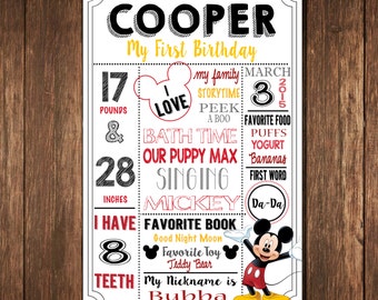 Modern Mickey Mouse 1st Birthday Poster, Customizable First Birthday Poster, Mickey Mouse Theme Personalized Birthday Sign, Digital File