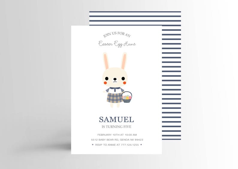 Modern Bunny Birthday Invitation, Bunny Invitation, Easter Birthday Party Invite Spring Invitation, PRINTABLE image 1