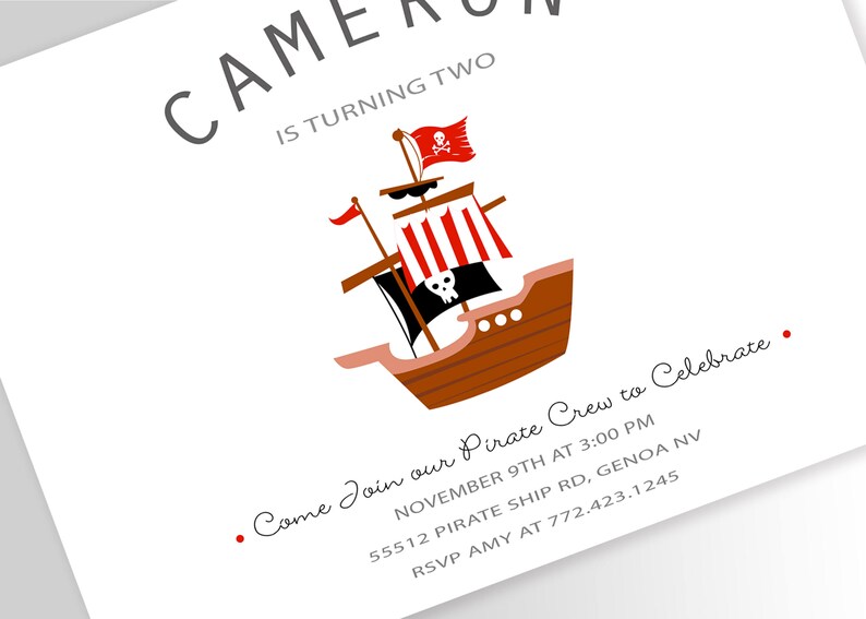 Modern Pirate Birthday Invitation DIY Printable or Printed Pirate Invitation Pirate invitation