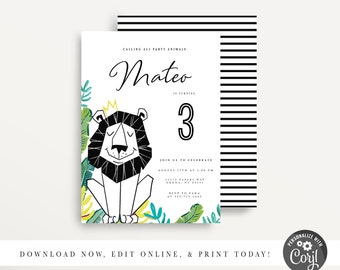 Modern Simple Party Animal Invitation, Wild Animal Party, Zoo Invitation, Safari Birthday, Petting Zoo, Printable Invitation, Corjl, Lion