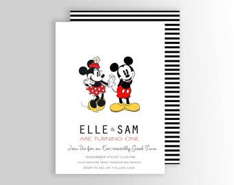 Modern Mickey Mouse and Minnie Mouse TWIN Birthday Invitations, Mickey and Minnie Invitations