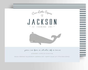 Modern Whale Birthday Party Invitation, Nautical Whale Birthday Invite, Little Squirt First Birthday Invitation- Printable