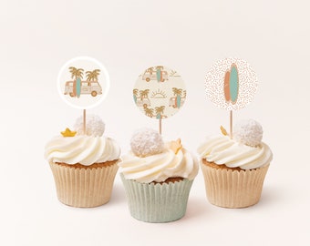 Boho Beach Cupcake Toppers,  Boho Beach Party, Beach Party Favors, Retro VW Bus Beach Party Toppers, Editable