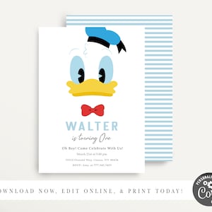 Moderne Donald Duck Uitnodiging, Donald Duck Verjaardagsfeest, Cartoon, Gepersonaliseerde, Afdrukbare