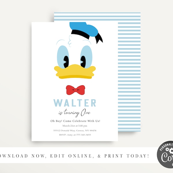 Modern Donald Duck Invitation, Donald Duck Birthday Party, Cartoon, Personalized, Printable