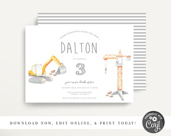 Invitation d’anniversaire de construction moderne, fête de construction, anniversaire de construction, fête de camion à benne basculante, imprimable, excavatrice, Corjl
