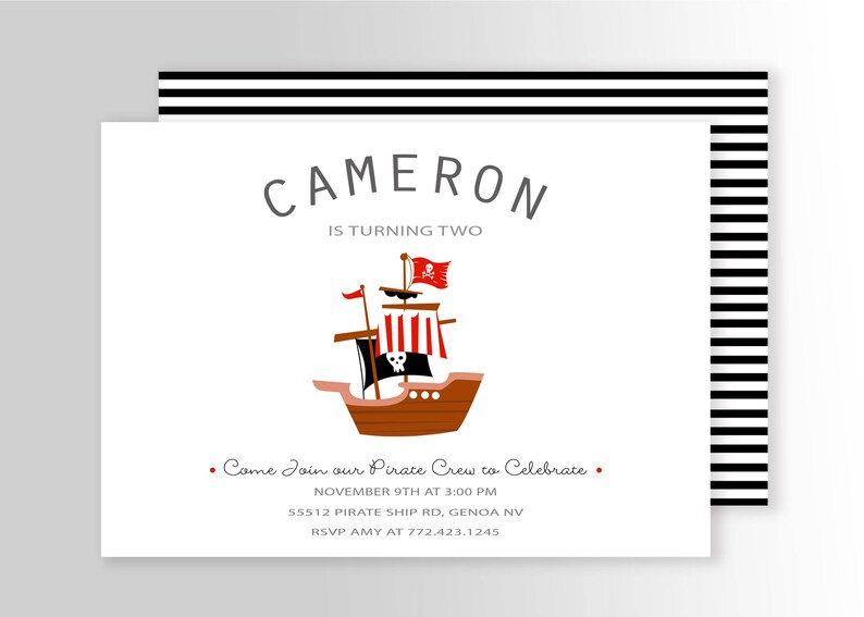 Modern Pirate Birthday Invitation DIY Printable or Printed Pirate Invitation Pirate invitation