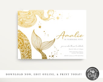 Modern Mermaid Birthday Invitation, Mermaid Invitation, Under The Sea Party Invite,  Gold