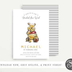 Modern Winnie the Pooh Invitation,Classic Winnie the Pooh, Pooh Birthday Invitations, Winnie the Pooh Party