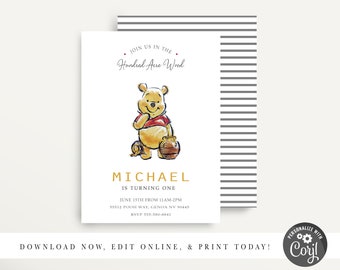 Modern Winnie the Pooh Invitation,Classic Winnie the Pooh, Pooh Birthday Invitations, Winnie the Pooh Party