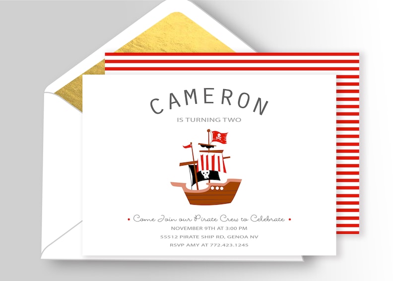 Modern Pirate Birthday Invitation DIY Printable or Printed Pirate Invitation Pirate invitation
