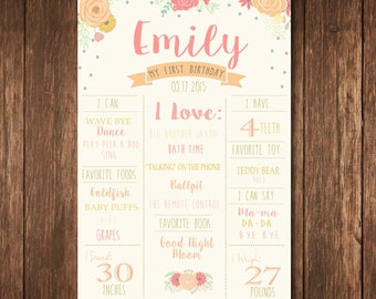 Modern First Birthday Sign, Salmon and gold, Birthday Poster, Girls 1st Birthday Poster, Digital File