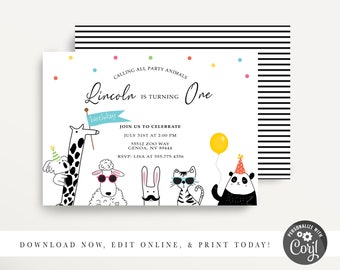 Modern Simple Party Animal Invitation, Wild Animal Party, Zoo Invitation, Safari Birthday, Black and White, Printable Invitation, Corjl