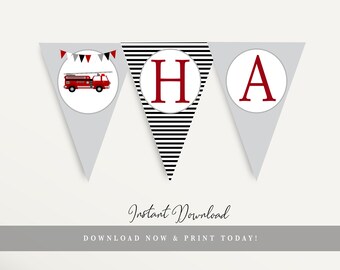 Bannière de fête de camion de pompier moderne, bannière triangle rouge et noire, décorations de fête de camion de pompier, bannière de fanion de camion de pompier, décor de camion de pompier simple