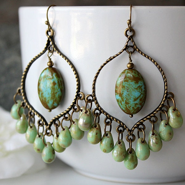 Green Picasso Czech Glass Chandelier Earrings, Green  Bohemian Hoops, Large Boho Dangles, Boho Chic Jewelry, Gypsy Jewelry
