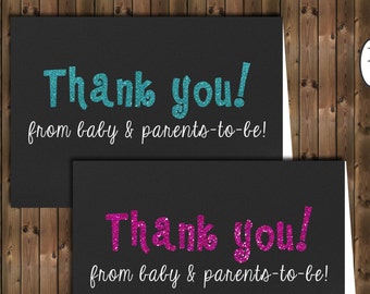 Thank You Cards - Digital - Printable - Baby Shower Thank You Cards - Blue - Pink - Glitter - Chalkboard