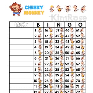 Cheeky Monkey Bingo Board! 1-75 balls 15 lines - Straight and Mixed - Houdini balanced