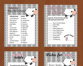 Sheep Themed Set of 4 Baby Shower Games/Activities - PINK w/ grey pattern