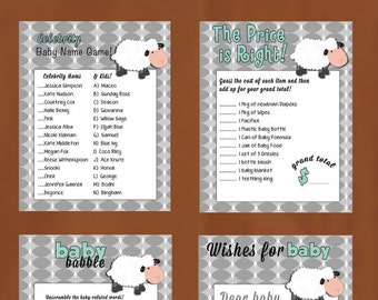 Sheep Themed Set of 4 Baby Shower Games/Activities - GREEN w/ grey pattern