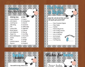 Sheep Themed Set of 4 Baby Shower Games/Activities - BLUE w/ grey pattern