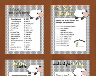 Sheep Themed Set of 4 Baby Shower Games/Activities - YELLOW w/ grey pattern