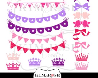 Bunting, Bows and Crowns Clipart! All in pinks and purples! Scrapbooking, Design, Decor, Digital