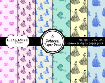 Puede incluir: Un paquete de papel digital con seis patrones diferentes que presentan princesas en varios colores, incluidos el rosa, el azul y el amarillo. Los patrones son sin costuras y se pueden utilizar para scrapbooking, creación de tarjetas y otros proyectos de manualidades. El texto en la imagen dice "6 Princess Paper Pack 300 dpi 12"x12" JPG seamless digital paper pack".