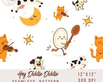 Hey Diddle Diddle! Seamless pattern ~ nursery rhyme collection ~ printable digital for paper, fabric, sublimation